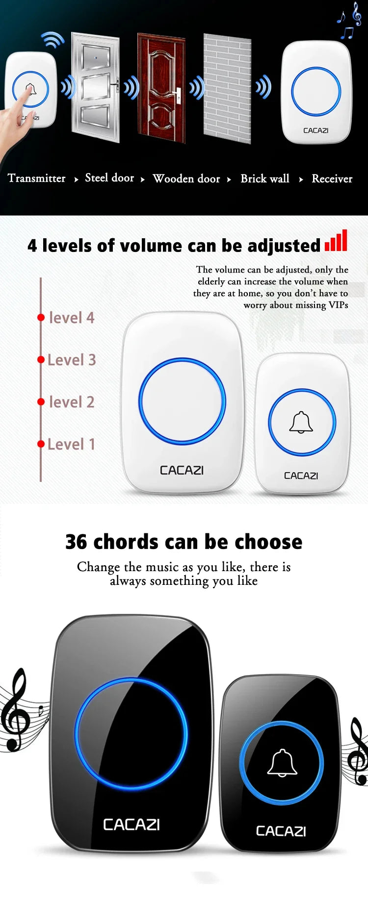 CACAZI 36 music 110DB 300M Wireless Doorbell Waterproof Remote Battery powered Smart Door Bell Battery 1  2 Button 1 2  Receiver