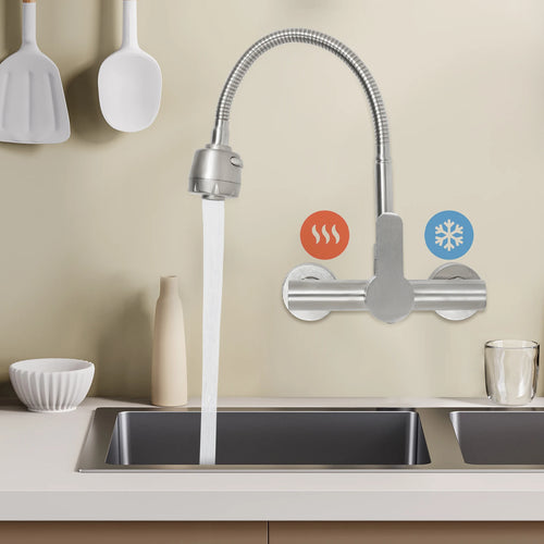 Wall-mounted kitchen faucet with flexible spray hose and two water flows, water pouring