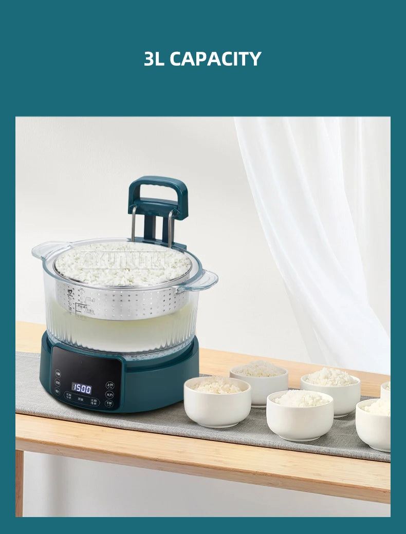 3L electric hot pot steamer with stainless insert, blue handle lid, and side control panel