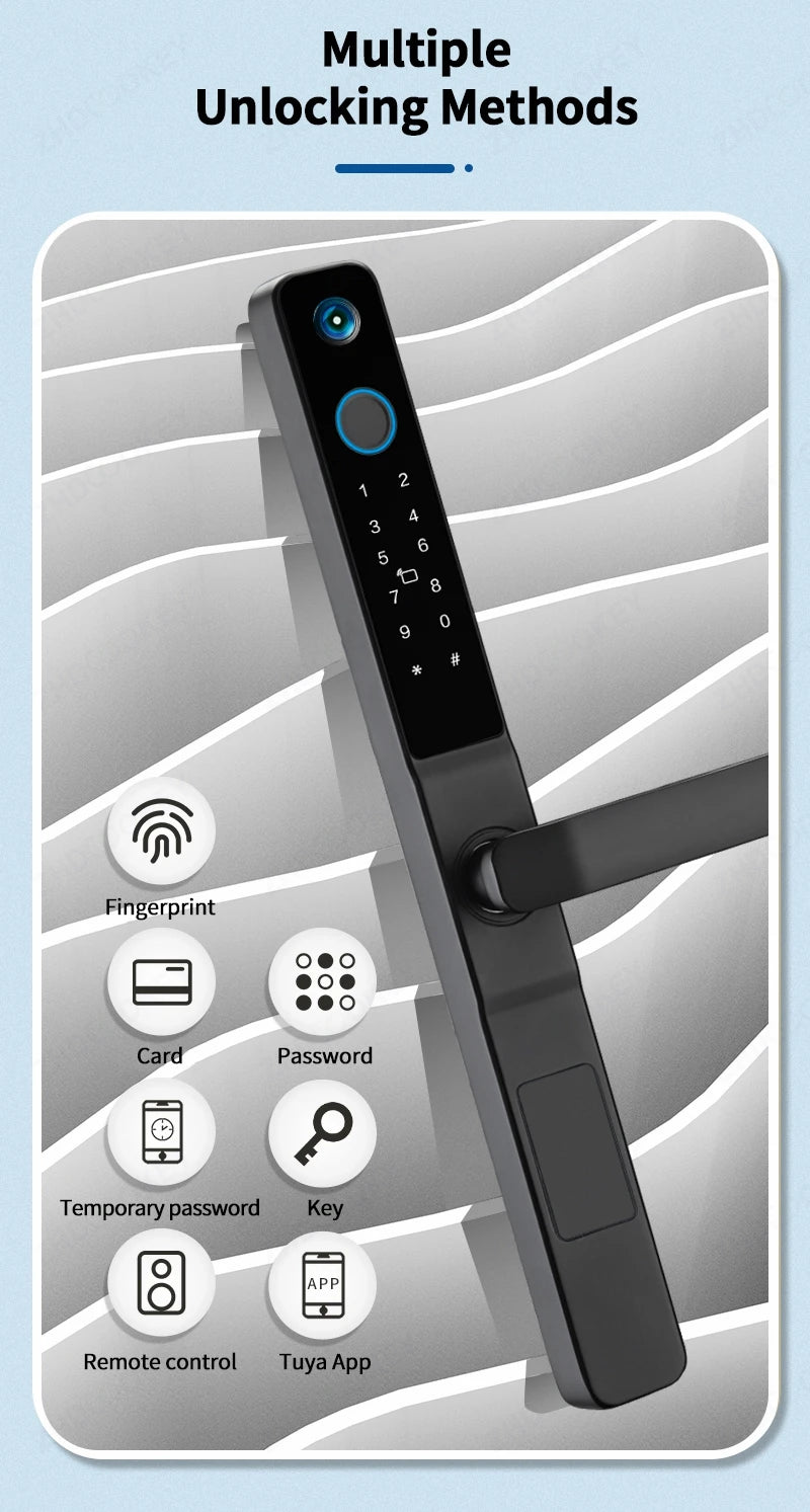 Smart Lock with Camera Door Viewer Waterproof IP66 Tuya WiFi Fingerprint Password Sliding RFID Card Sliding Electronic Door Lock