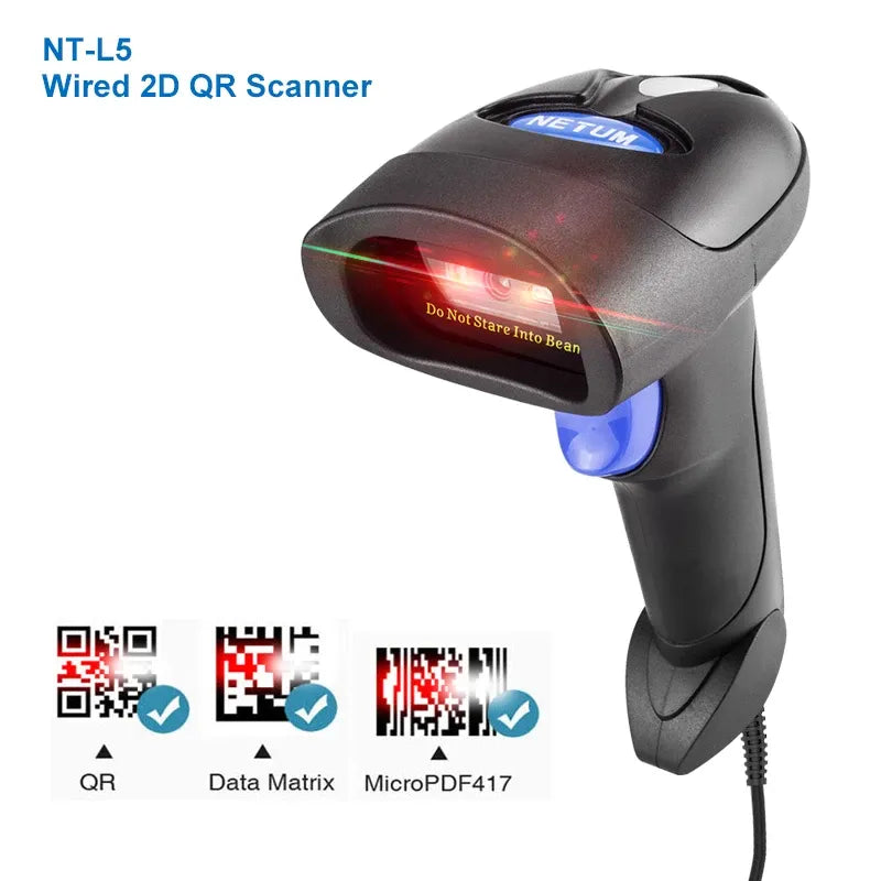 Black wired 2D QR barcode scanner with red laser aiming light and USB cable