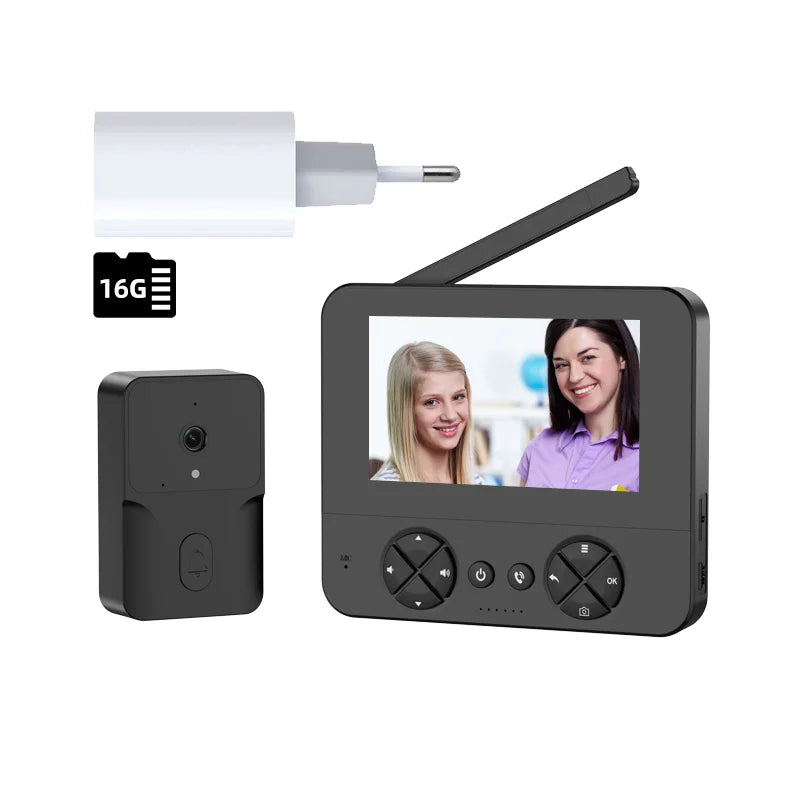 Wireless video doorbell set with black outdoor camera, indoor monitor, and wall adapter, 16GB