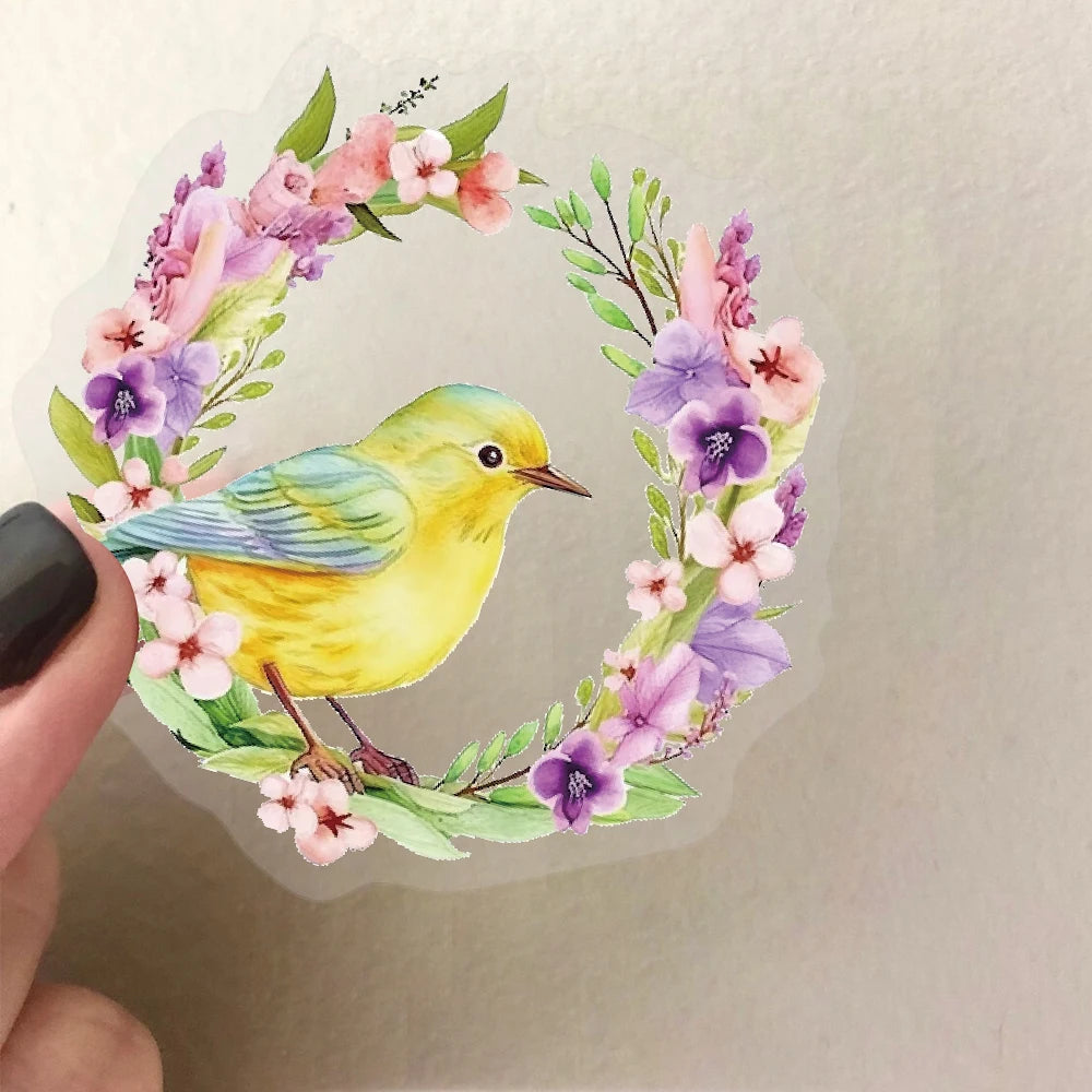 Transparent PET sticker with watercolor yellow bird and floral wreath for aesthetic scrapbooking and DIY decoration.