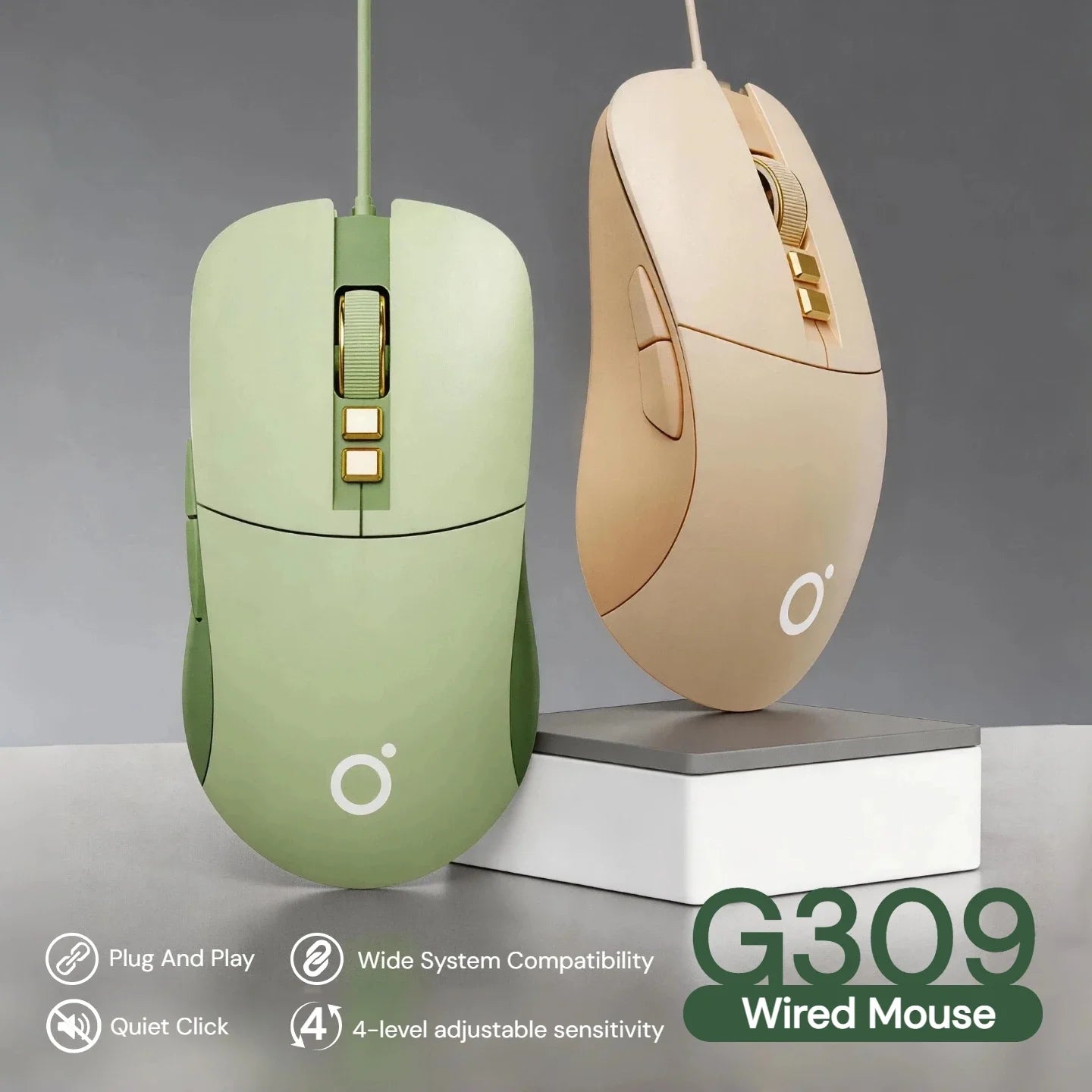 Silent Wired Mouse Aesthetic 2400 DPI Ergonomic USB Optical Computer Mouse for Women Girls Students Office Home Work Laptop PC MacBook Desktop Quiet Click Plug Play Cute Kawaii Mute Mice Sage Green Pink Beige Minimalist Desig