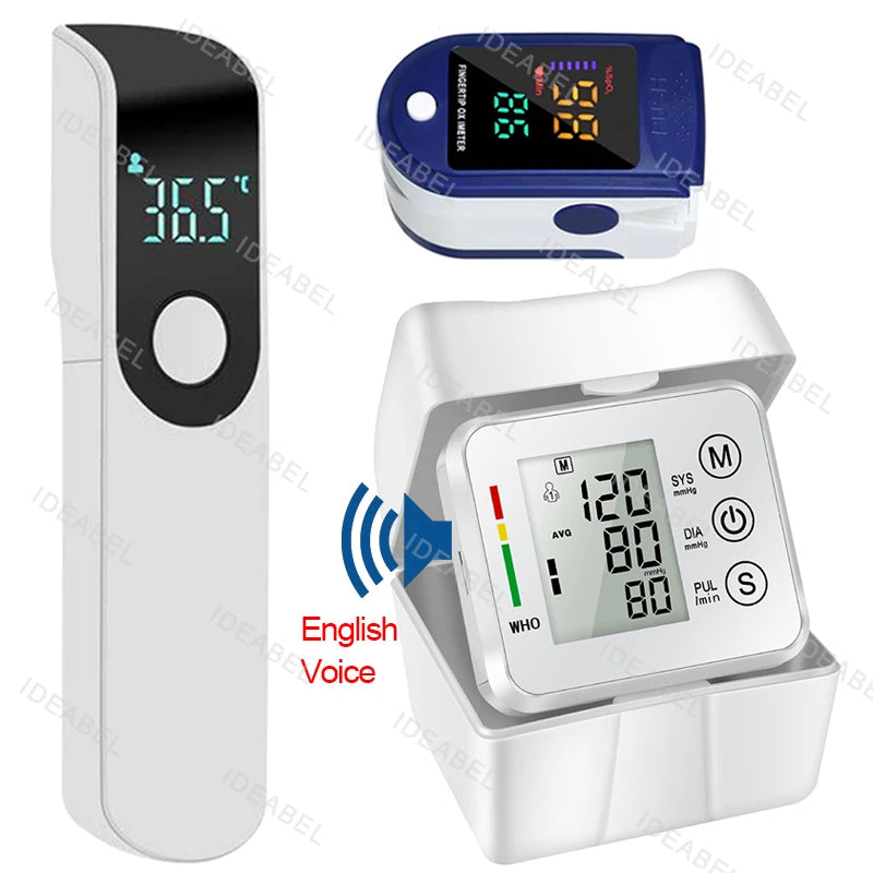 Wrist Blood Pressure Monitor LED English Voice Broadcast Tonometer BP Monitor Non Contact Infrared Medical Thermometer