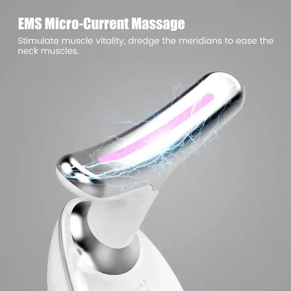 White and silver EMS neck massager with a glowing pink LED strip and illustrated electric sparks.