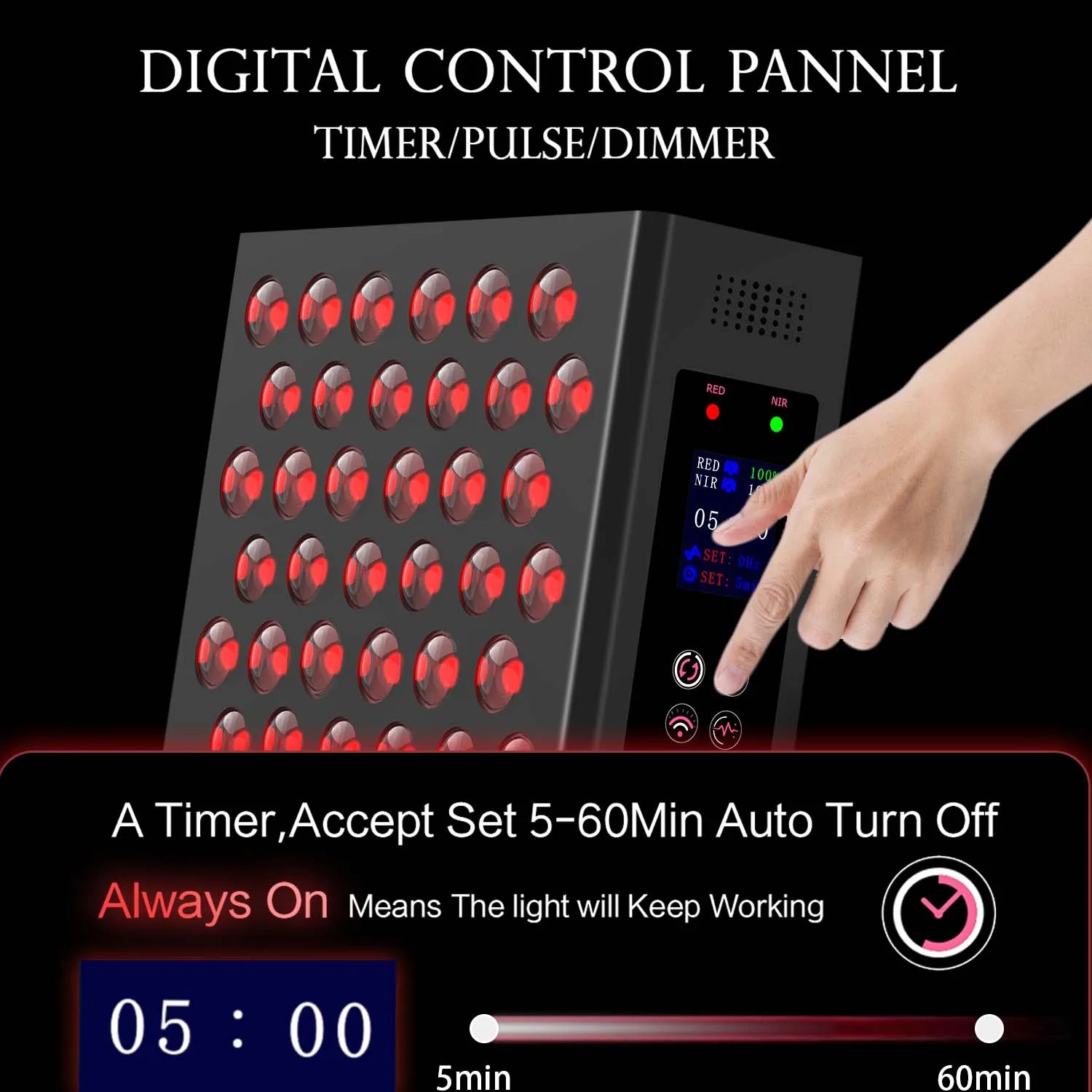 Red light therapy panel with digital timer, pulse, and dimmer controls for home anti-aging and pain relief treatment.