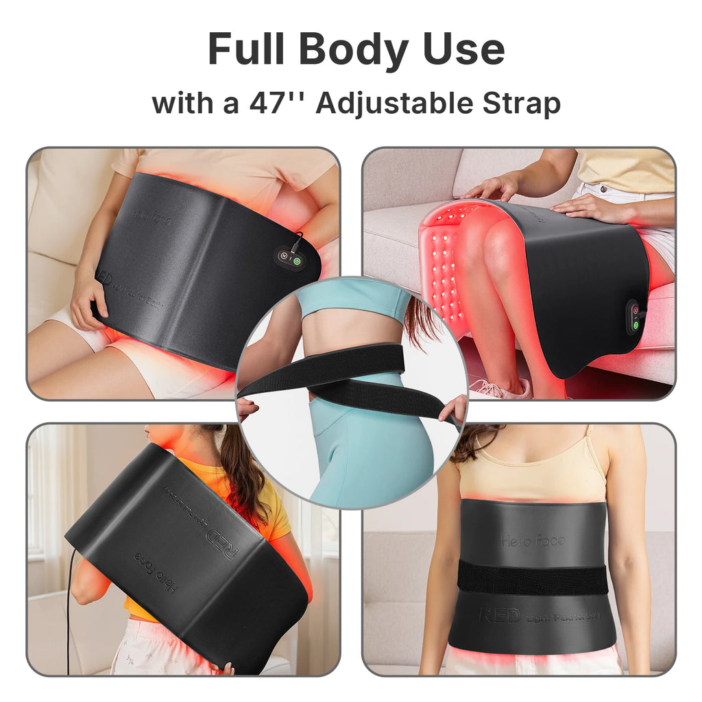 Hello Face L7 red light therapy pad with 792 LEDs, adjustable strap, and dual-wavelength for full-body use.