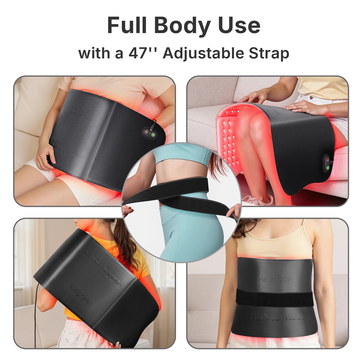 Hello Face L7 red light therapy pad with 792 LEDs, adjustable strap, and dual-wavelength for full-body use.