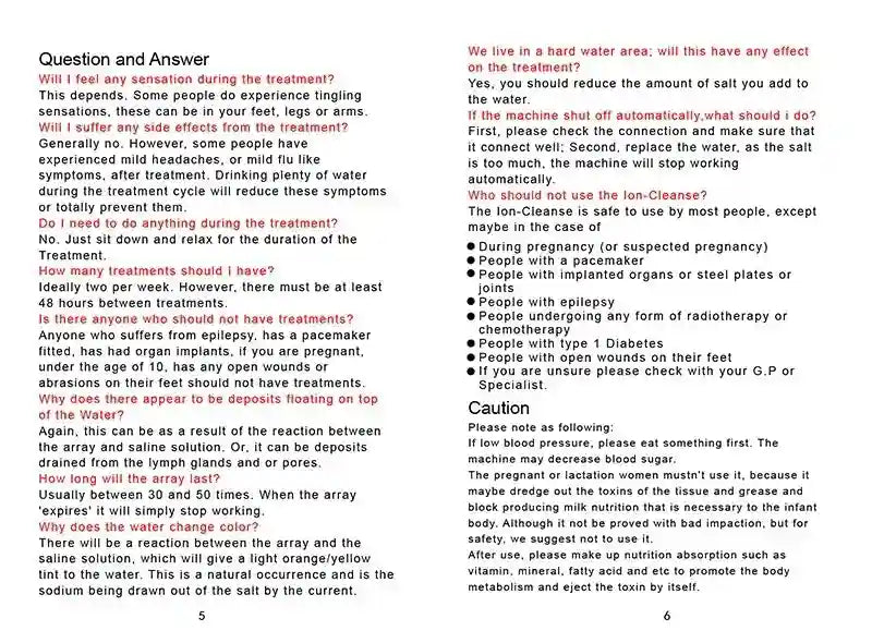 Ionic foot detox spa machine user manual featuring FAQ, safety precautions, and usage instructions for home therapy.