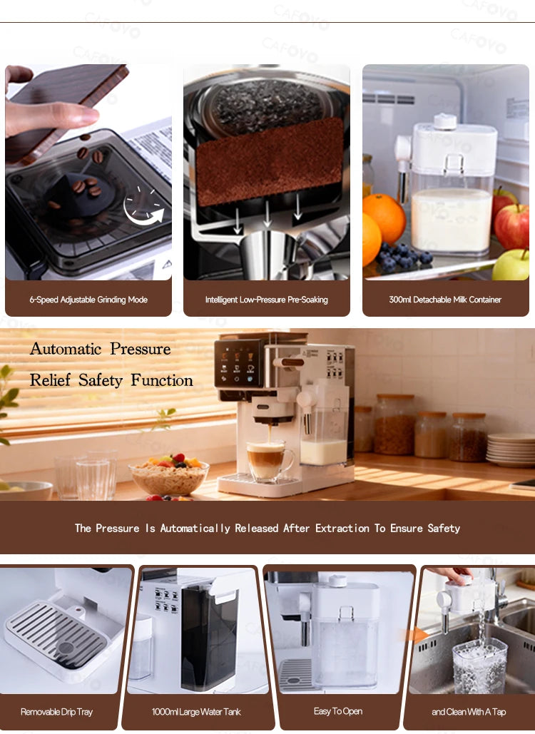 CAFOVO automatic espresso machine with 1000ml water tank, 300ml milk container, grinder, and white finish.