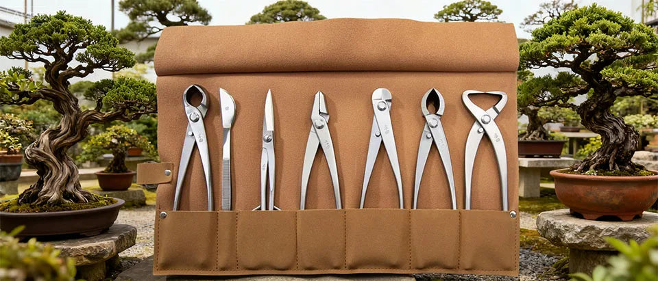 Tan 7-piece bonsai tool roll bag with seven stainless tools standing in front pocket