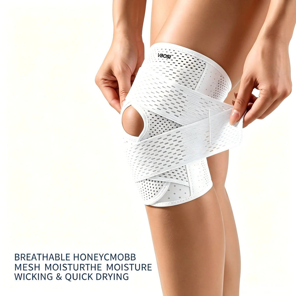 VBOSI Adjustable Breathable Knee Brace with Open Patella Compression Strap Sports Support for Running Gym Knee Pain Relief White