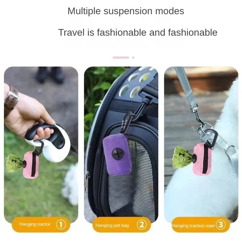 Portable dog poop bag dispenser in pink and purple, attaches to leashes or bags for easy pet waste cleanup while walking.