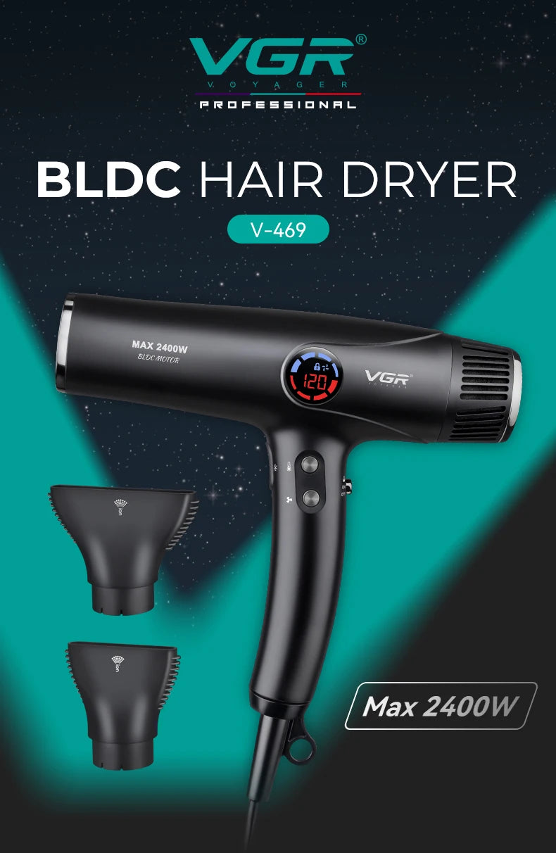 VGR V-469 black professional ionic hair dryer with 2400W BLDC motor, digital display, and two styling attachments.
