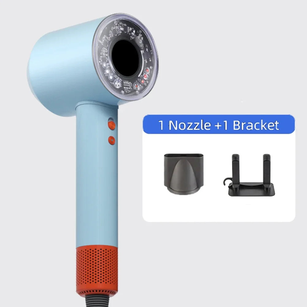 Blue leafless negative ion hair dryer with nozzle and bracket for quick, professional home hair care.