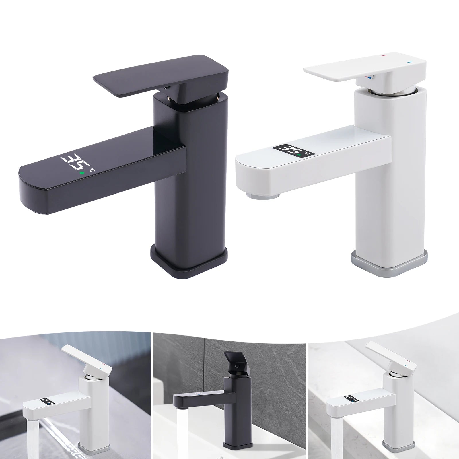 Black/White LED's Smart 0-99°C Temperature Digital Display Faucet 10.5*17.5cm G1/2" Deck Mount Basin Faucet