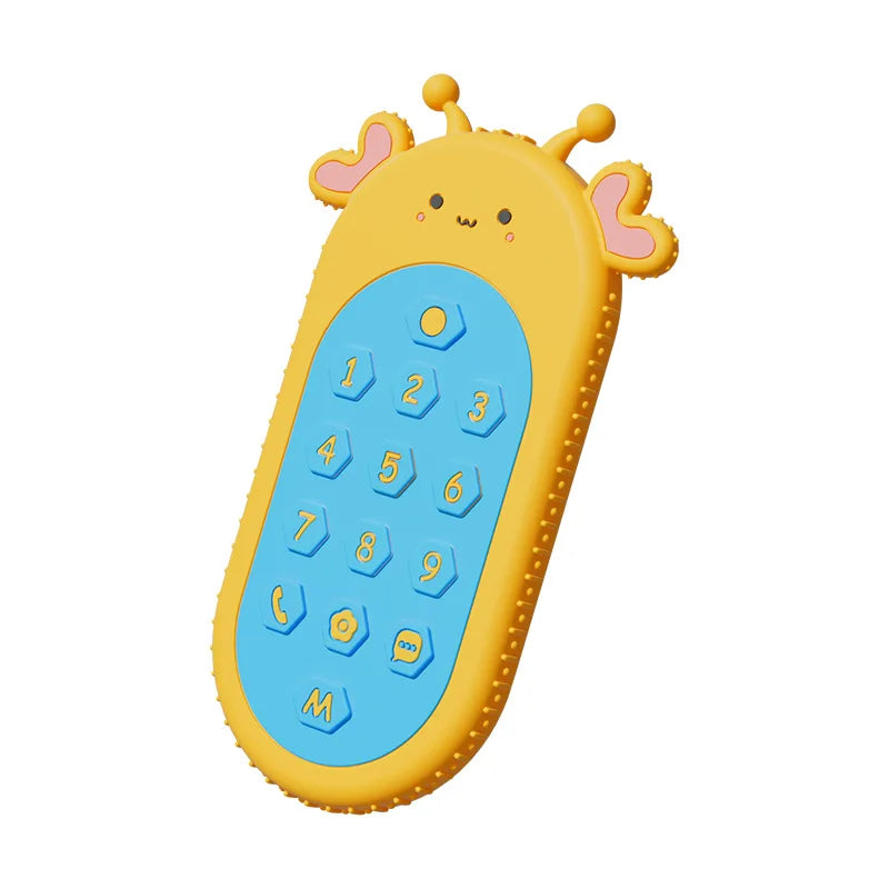 Yellow and blue silicone baby teething toy shaped like a phone for baby teething relief.