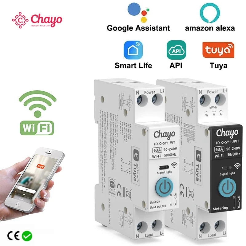 Tuya Wifi Smart Circuit Breaker Switch With Metering 63A1P Din Rail Remote Control Smart Home Smart Life App Timer Module TONGOU