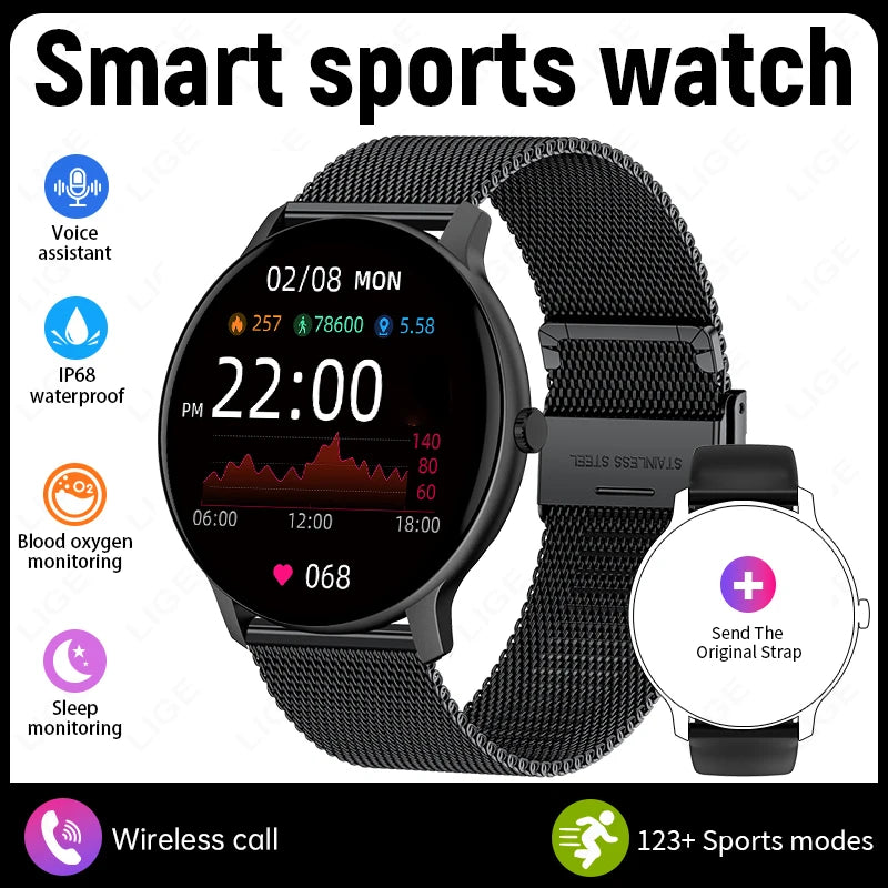 Black mesh smart sports watch with circular screen and dark metal mesh band
