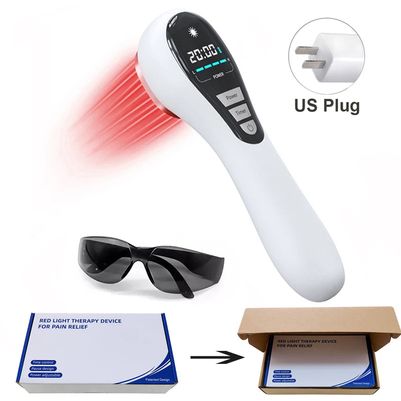Handheld infrared red light therapy device for pain relief with LCD display, US plug, safety goggles, and gift box.