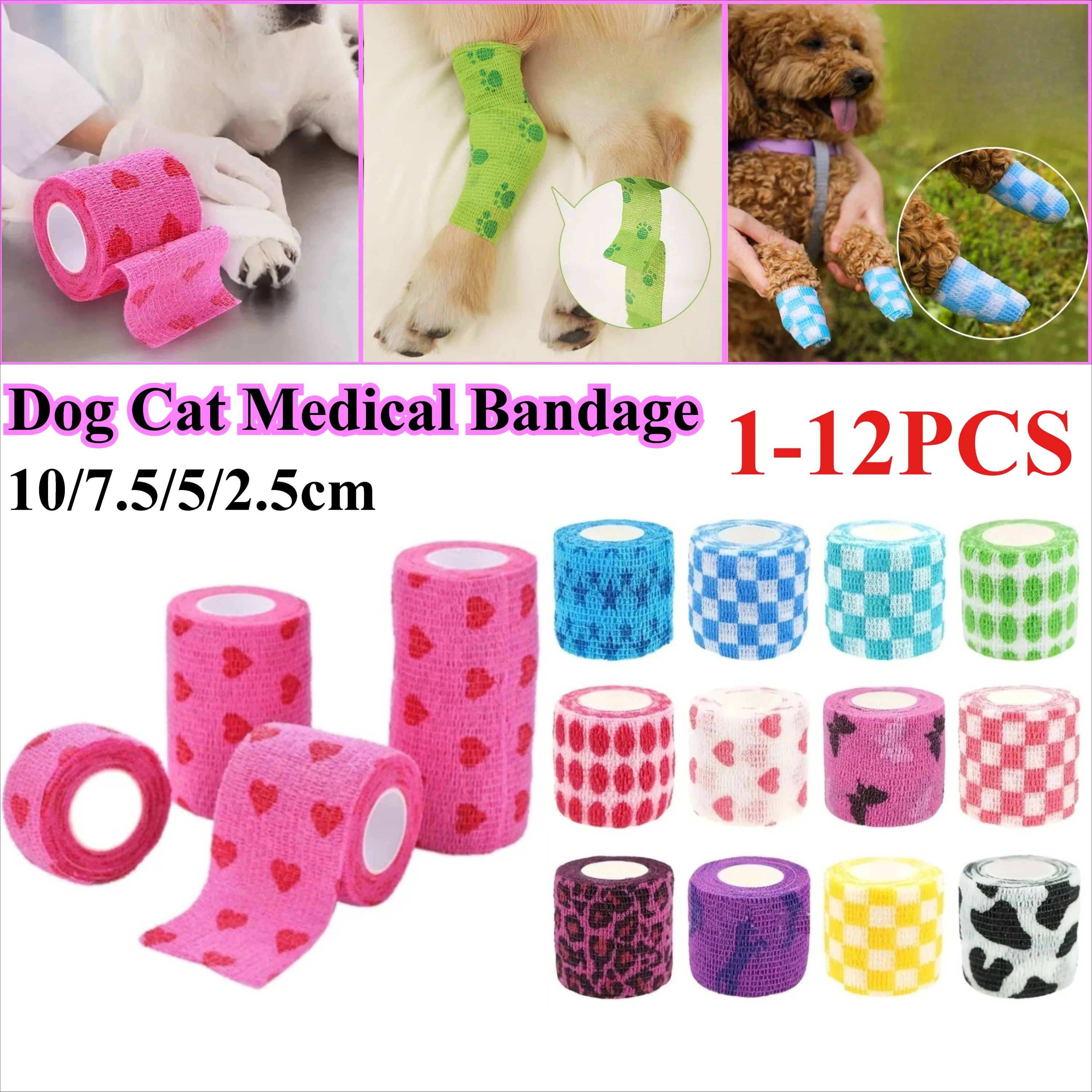 Colorful self-adherent elastic bandages for dogs and cats. Breathable, non-woven sports tape for pet injury support.