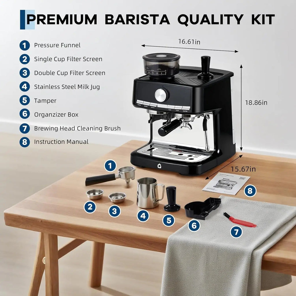 Black premium barista espresso machine with grinder, filter screens, milk jug, and tamper accessories on a table.