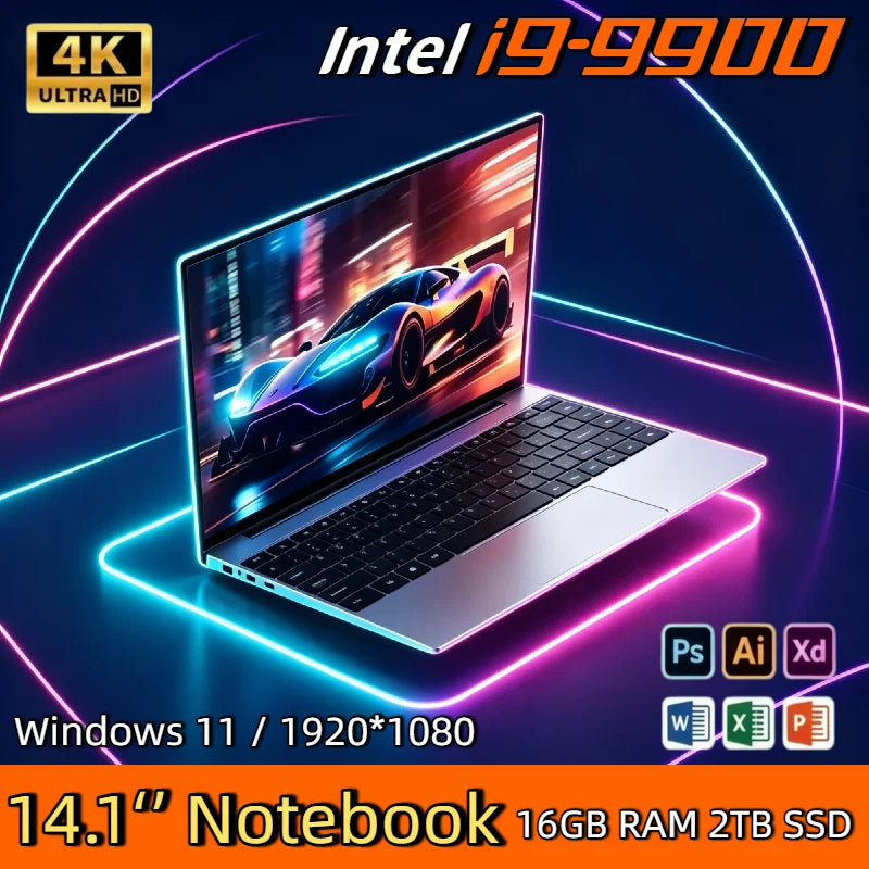 Gaming Gamer Office 2026 NEW 14.1 Inch Ultra Slim Laptop Intel Core i9 9900 32GB RAM 2TB SSD Windows 11 Notebook 1920x1080 Pro