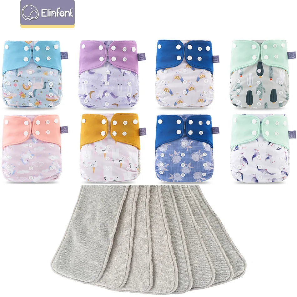 Elinfant reusable baby cloth diapers with inserts, featuring 8 colorful patterns with snap closures for babies.