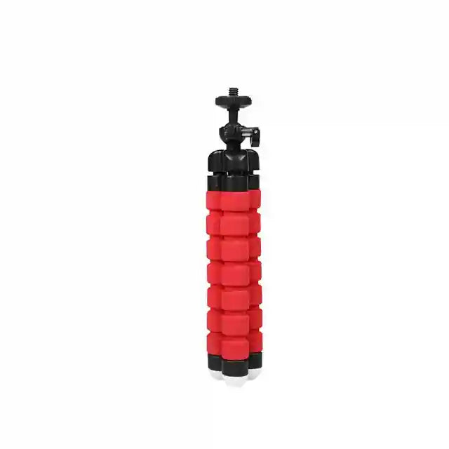 Flexible foam tripod with red grippable legs and a black ball head for mounting cameras or smartphones.