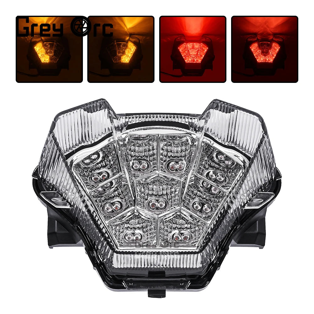 Motorcycle LED rear tail light with clear lens and detailed LED reflector grid
