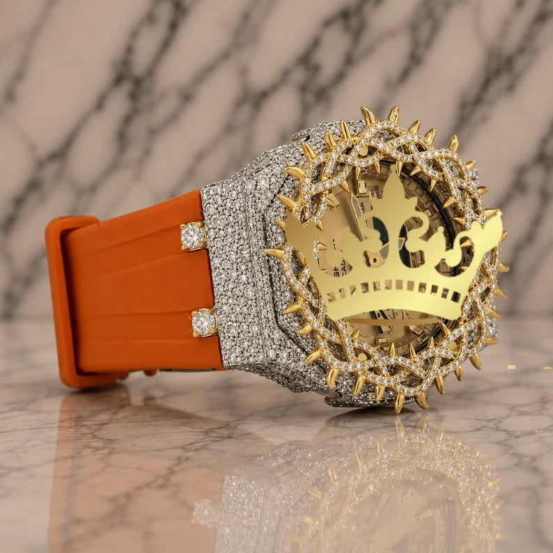 High End Mechanical Square Stainless Steel Men's Fashion Watch Sapphire Crystal Covered Thorn Bezel Orange Rubber Strap