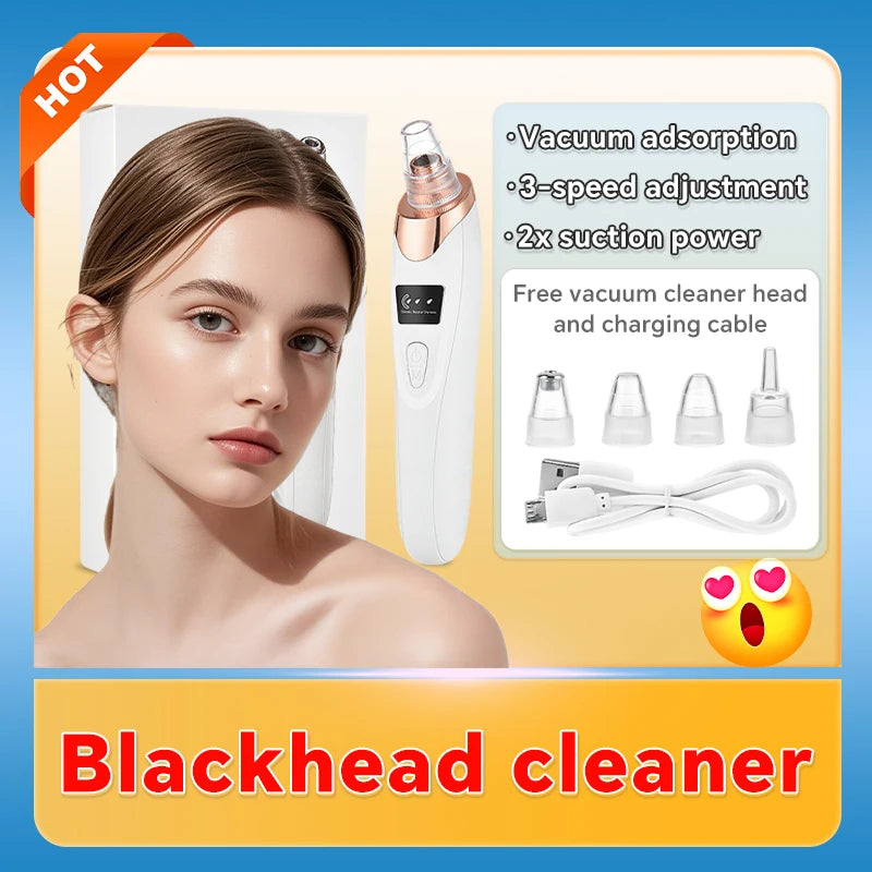White and rose gold electric blackhead vacuum remover with 4 suction heads and USB charging cable for facial cleaning.