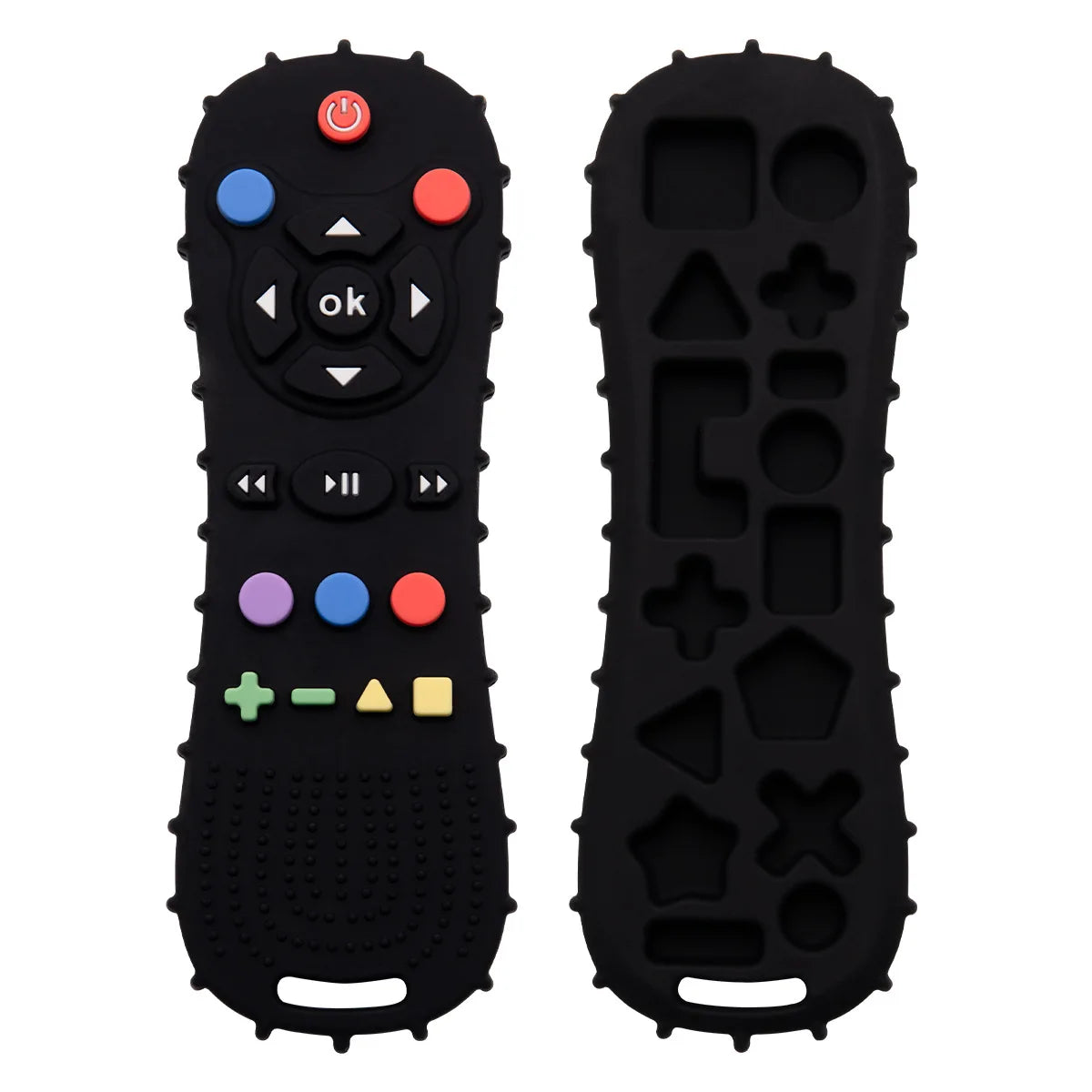 Black silicone remote control baby teething toy for soothing sore gums.