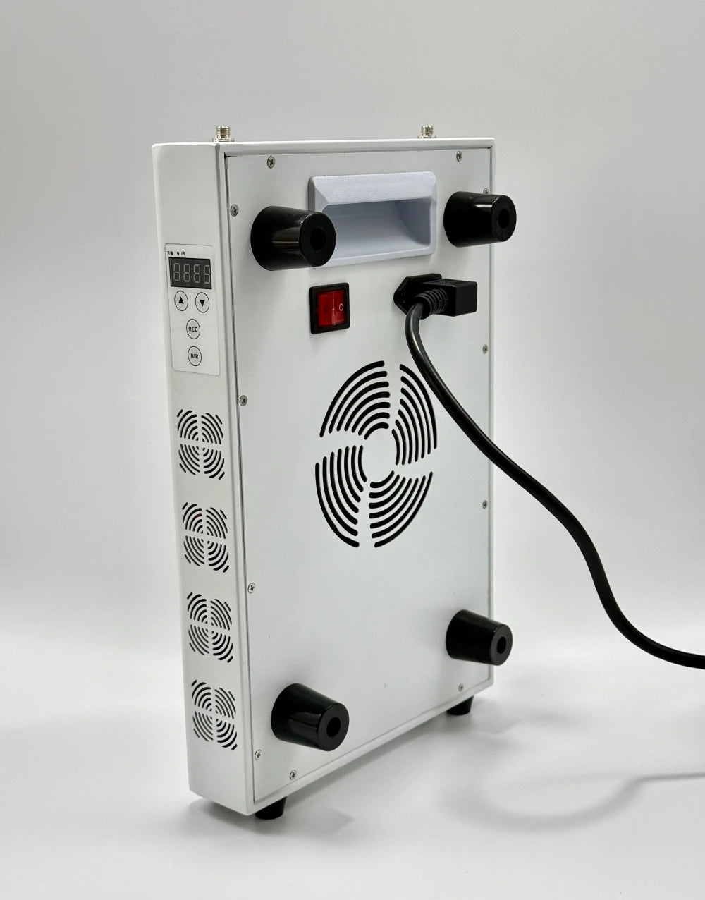 Back view of white red light therapy panel with cooling fans, digital control, and power cable for home skin care.