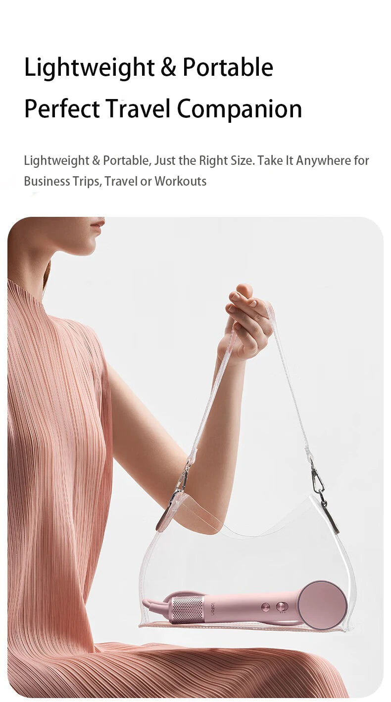 Laifen Mini pink high-speed hair dryer in a clear carrying bag, a 299g portable travel hair care tool for women.