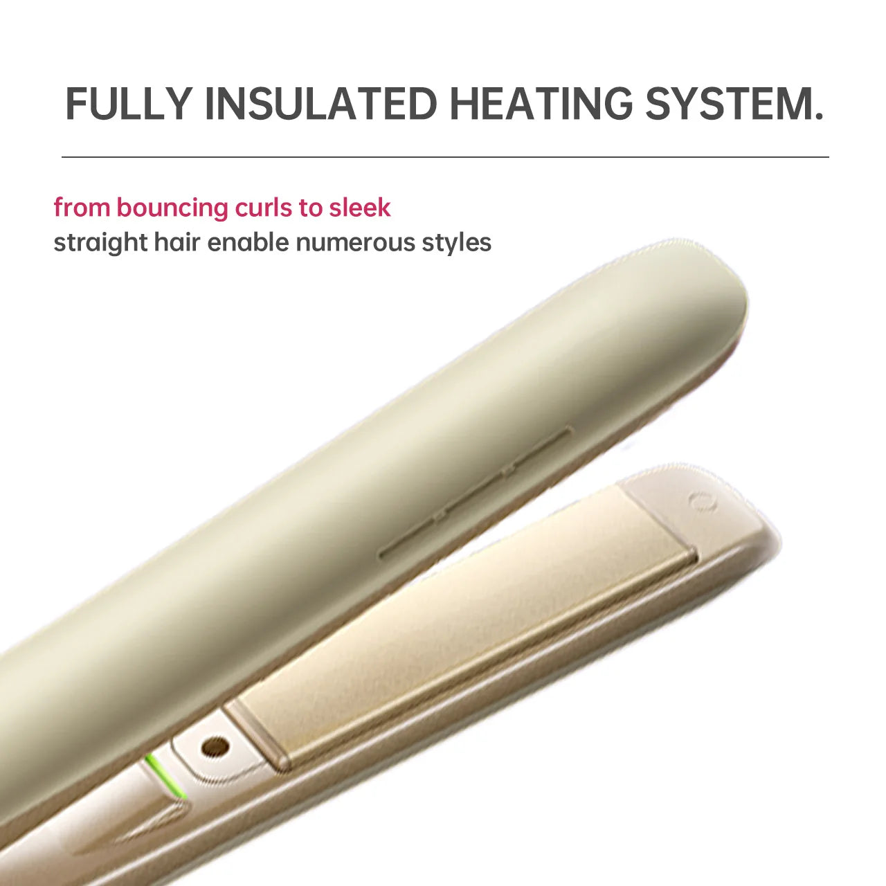 Gold 2-in-1 hair straightener and curling iron with insulated heating plates for sleek or curly professional styling.