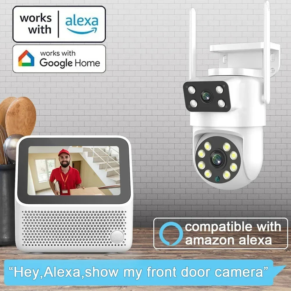 4K 8MP Tuya Dual Lens WIFI Camera PTZ Outdoor Dual Screen Ai Human Auto Tracking Security Camera Surveillance with Alexa Google