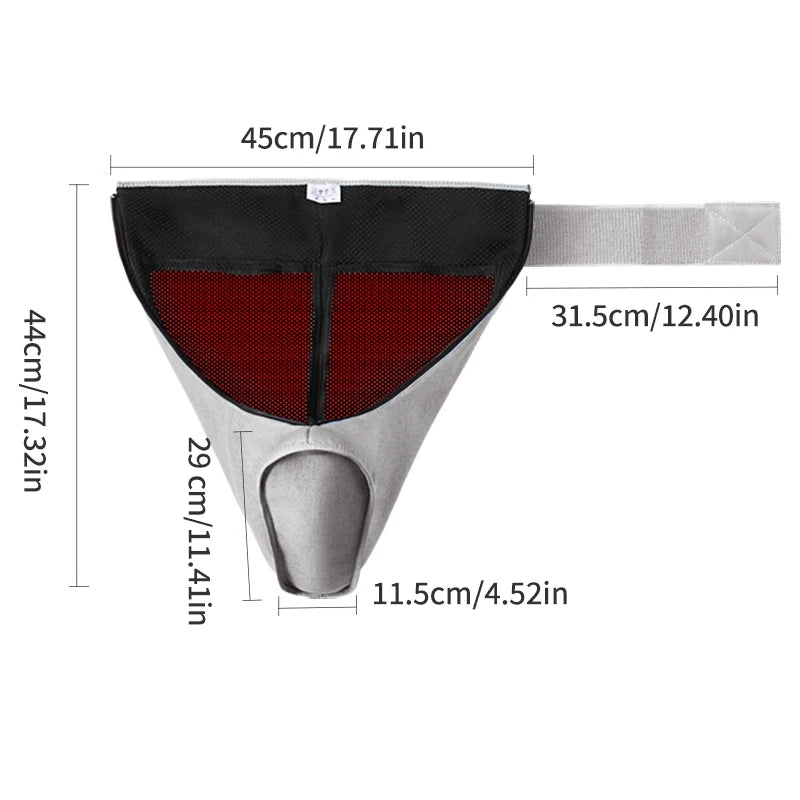 Heated leg and foot massager wrap with red light therapy and adjustable straps, showing dimensions for pain relief.