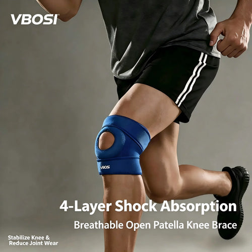 Blue breathable open-patella knee brace for orthopedic joint pain relief and stabilization.