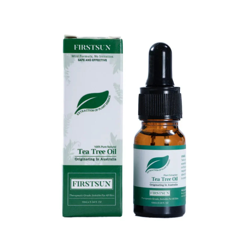 Tea tree oil bottle with black dropper and matching green box