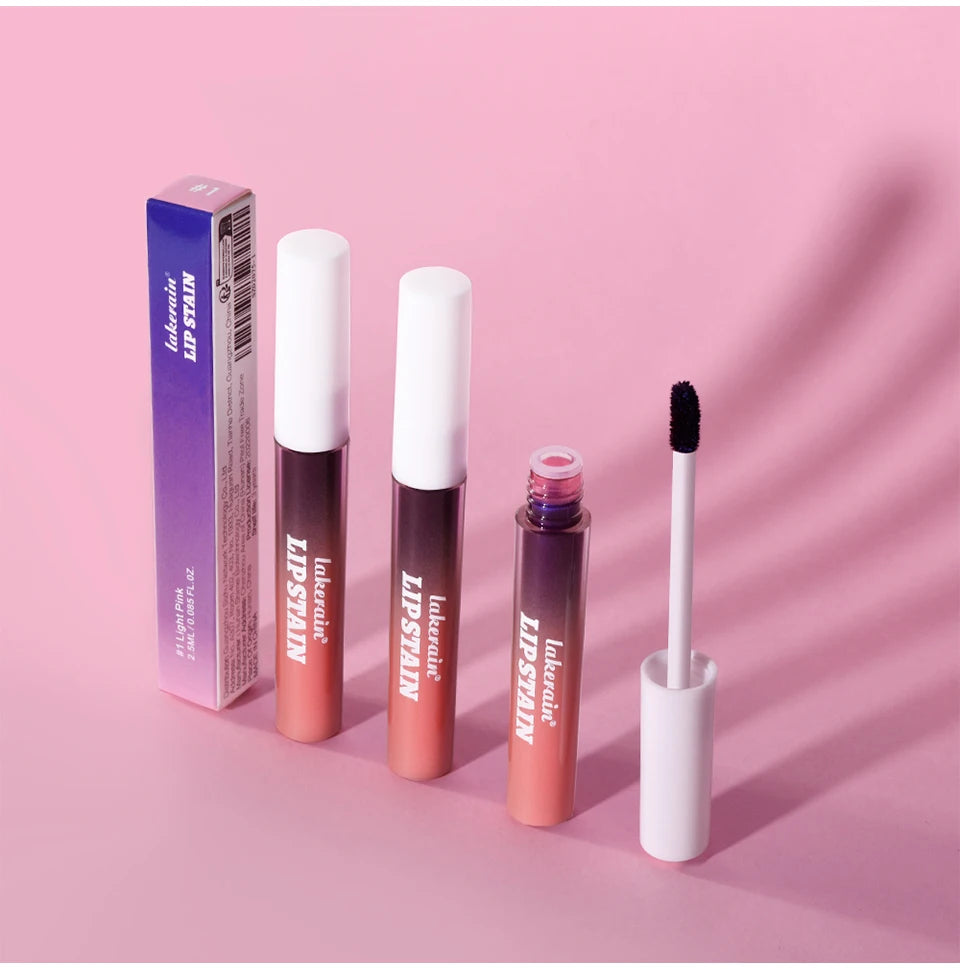 Lakerain waterproof pink peel-off lip stain with applicator, long-lasting non-stick formula in ombre pink packaging.