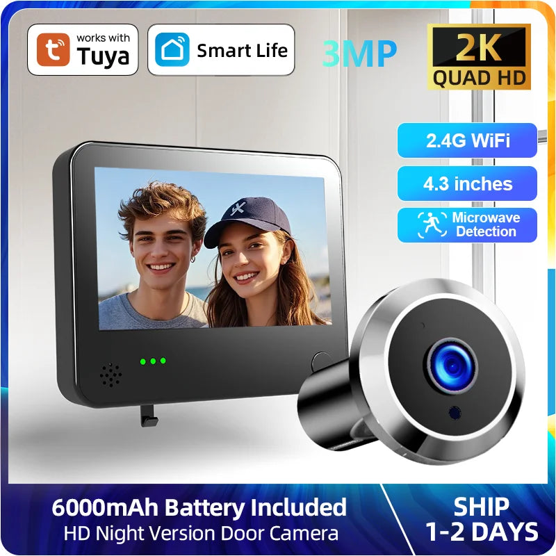 Danmini Tuya Smart Cat Eye Door Security Camera 3MP 4.3 Inch Screen 2K Visual Night Vision PIR Motion Detection Digital Peephole