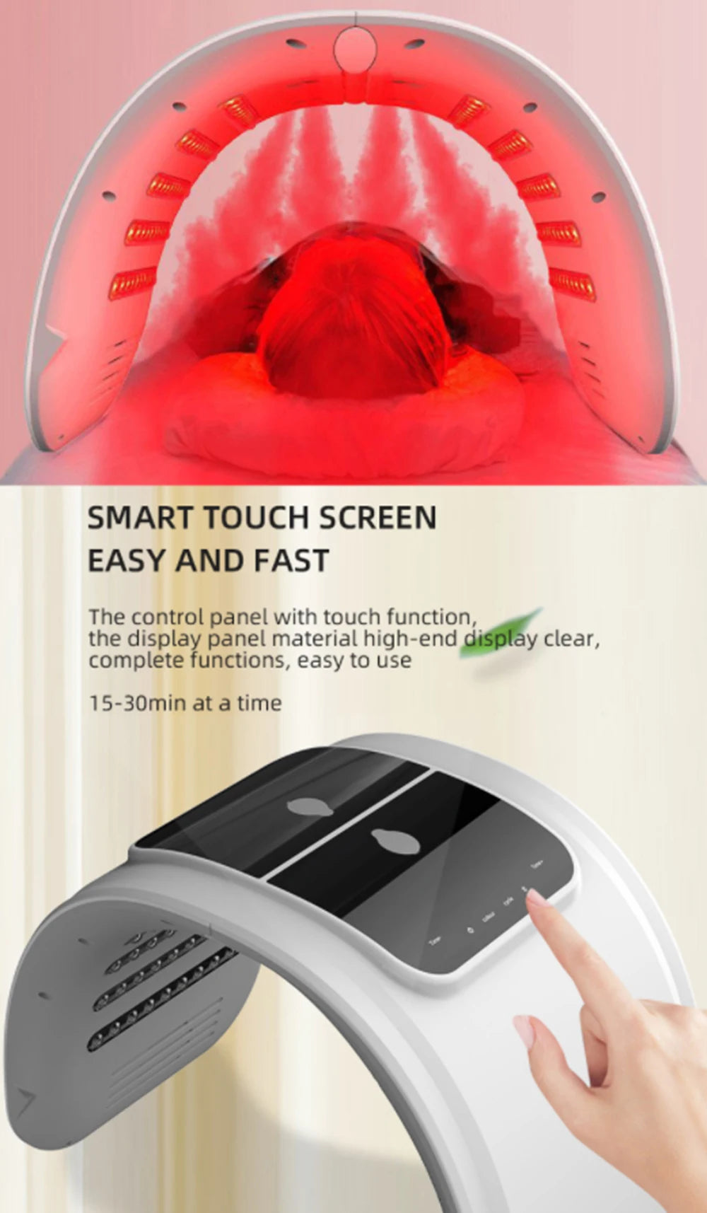 Arch-shaped LED light therapy device for facial rejuvenation, shown in use with red light and a touch screen interface.