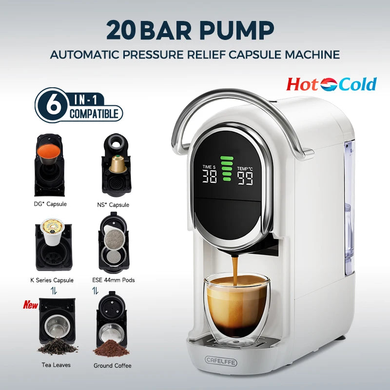 Cafelffe 6-in-1 white 20-bar capsule coffee and tea machine with digital display and hot-cold brewing capability.