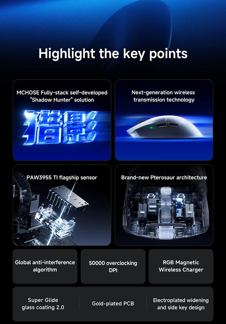 MCHOSE K7 V2 Ultra + Newly Upgraded Gaming Mouse PAW3955 TI 50000DPI 8K Lightweight Wireless Mice With Magnetic Charging Base