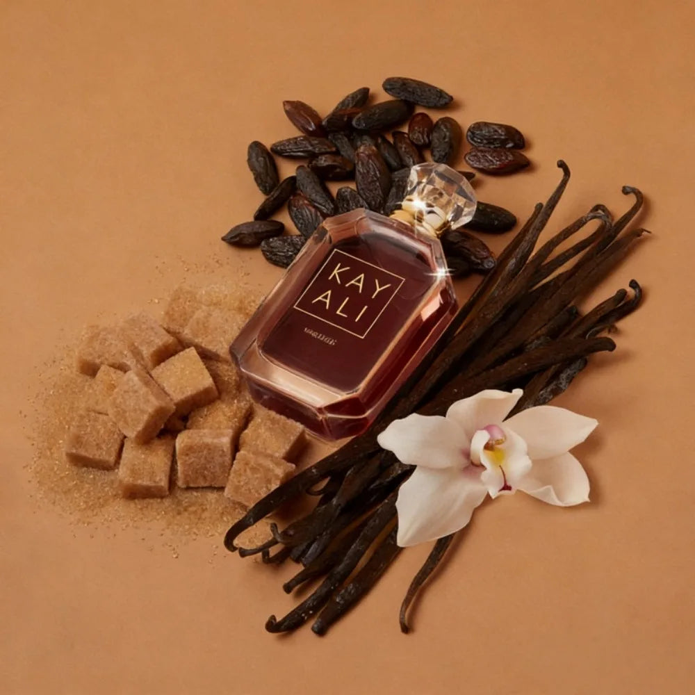 Kayali Vanilla 28 unisex EDP in a luxe square bottle with vanilla beans, brown sugar, and tonka bean fragrance notes.