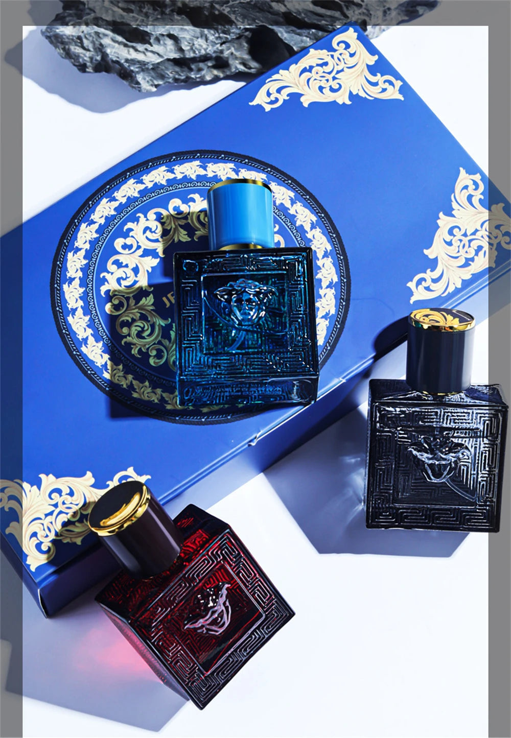 Versace Eros men's 3-piece cologne gift set featuring square glass bottles and long-lasting EDT fragrance for men.