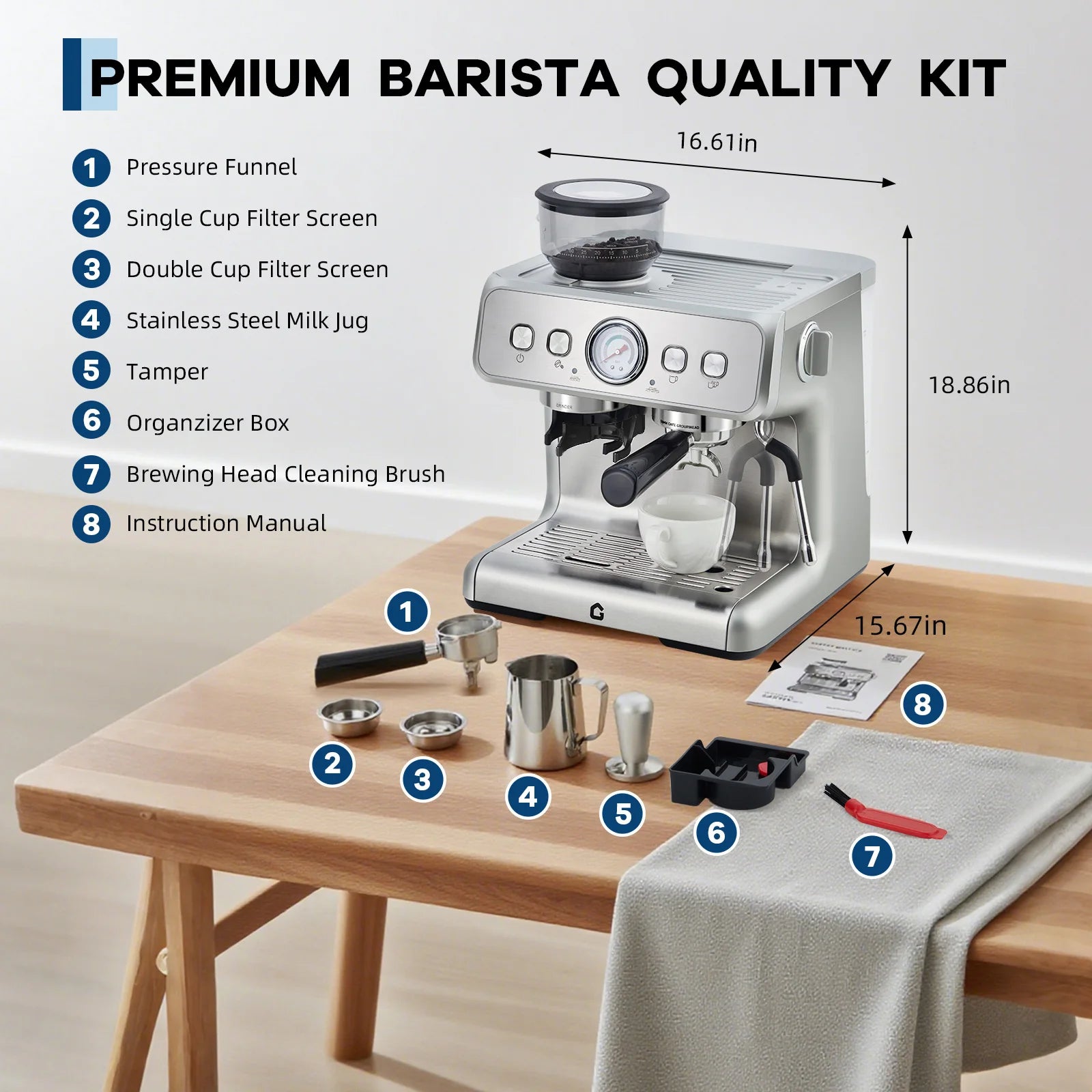 Stainless steel espresso machine kit with grinder, pressure gauge, milk jug, tamper, and accessories on wooden table.