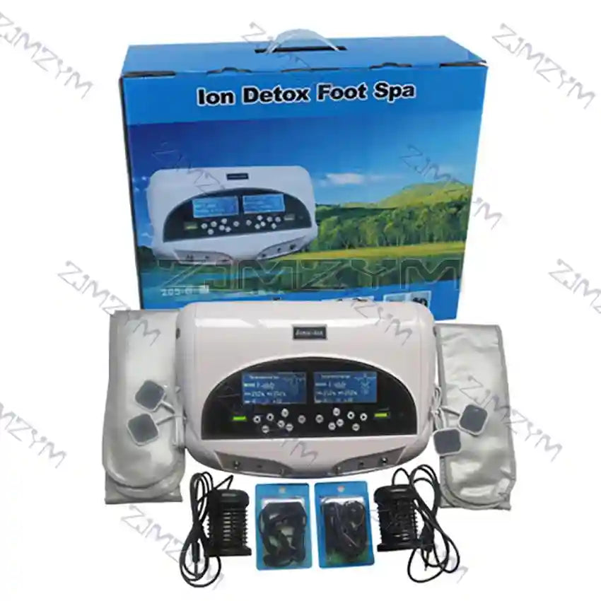 Dual ionic detox foot spa machine with control console, wrist straps, and ion arrays for home massage and body cleaning.